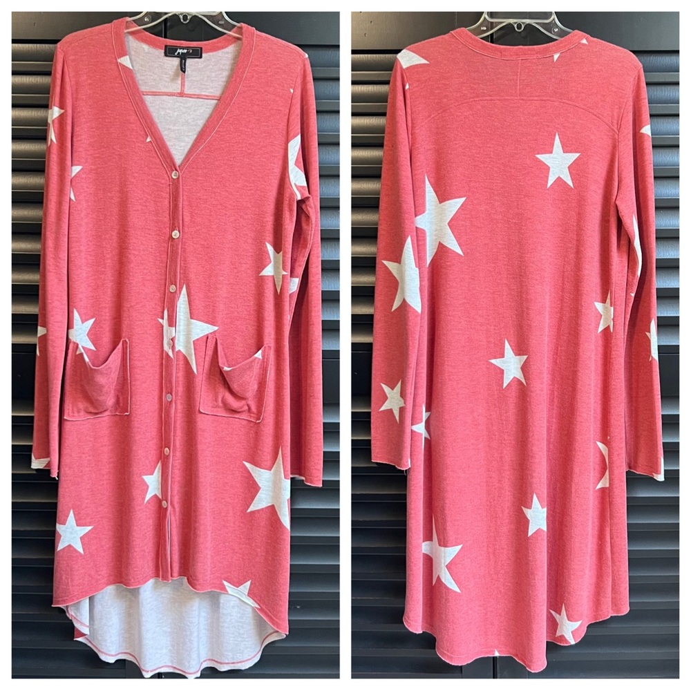 Lightweight Long Cardigan Duster with Pockets Jupee XL Stars Button Up High Low